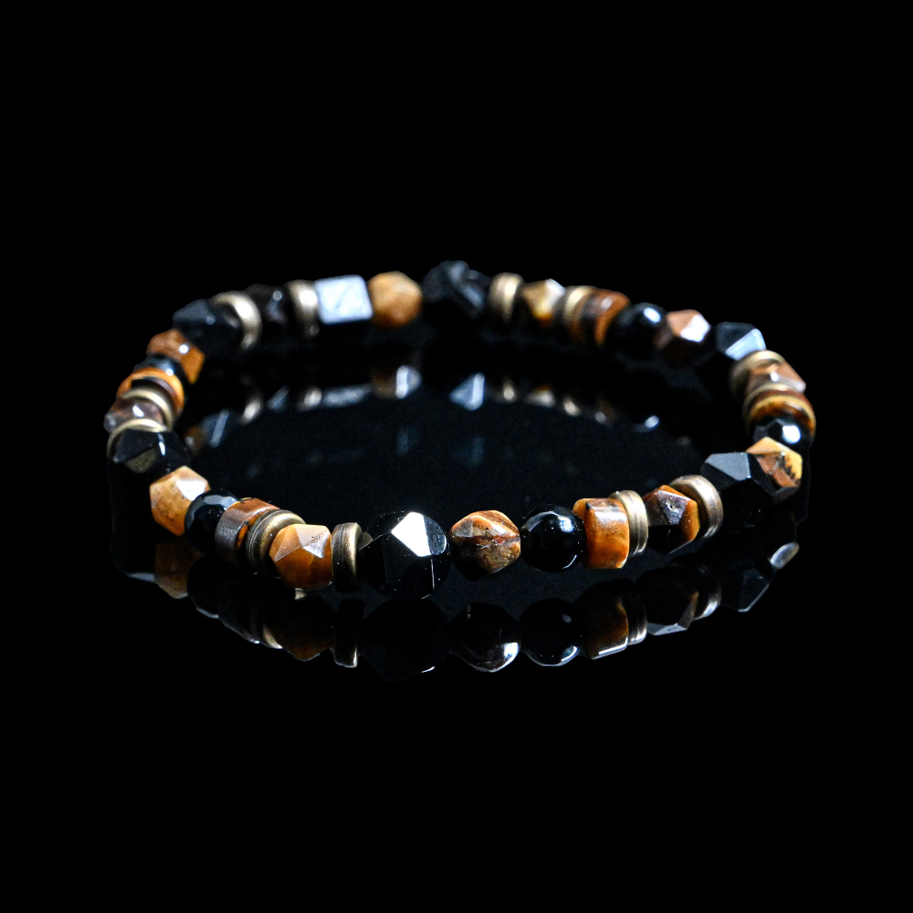 LE017 - Limited Edition - Natural Brown Tiger eye with Black Tourmaline & Bronze Spacers