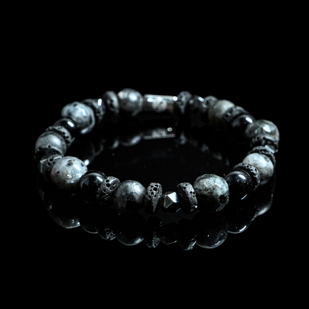 NC001 - New Collection - Natural Grey Labradorite, black tourmaline, and lava stone