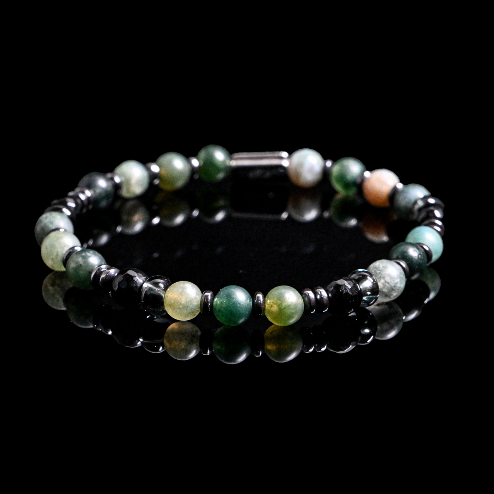 NC017 - New Collection - Natural Green & White Jade with Black Tourmaline & Silver spacers