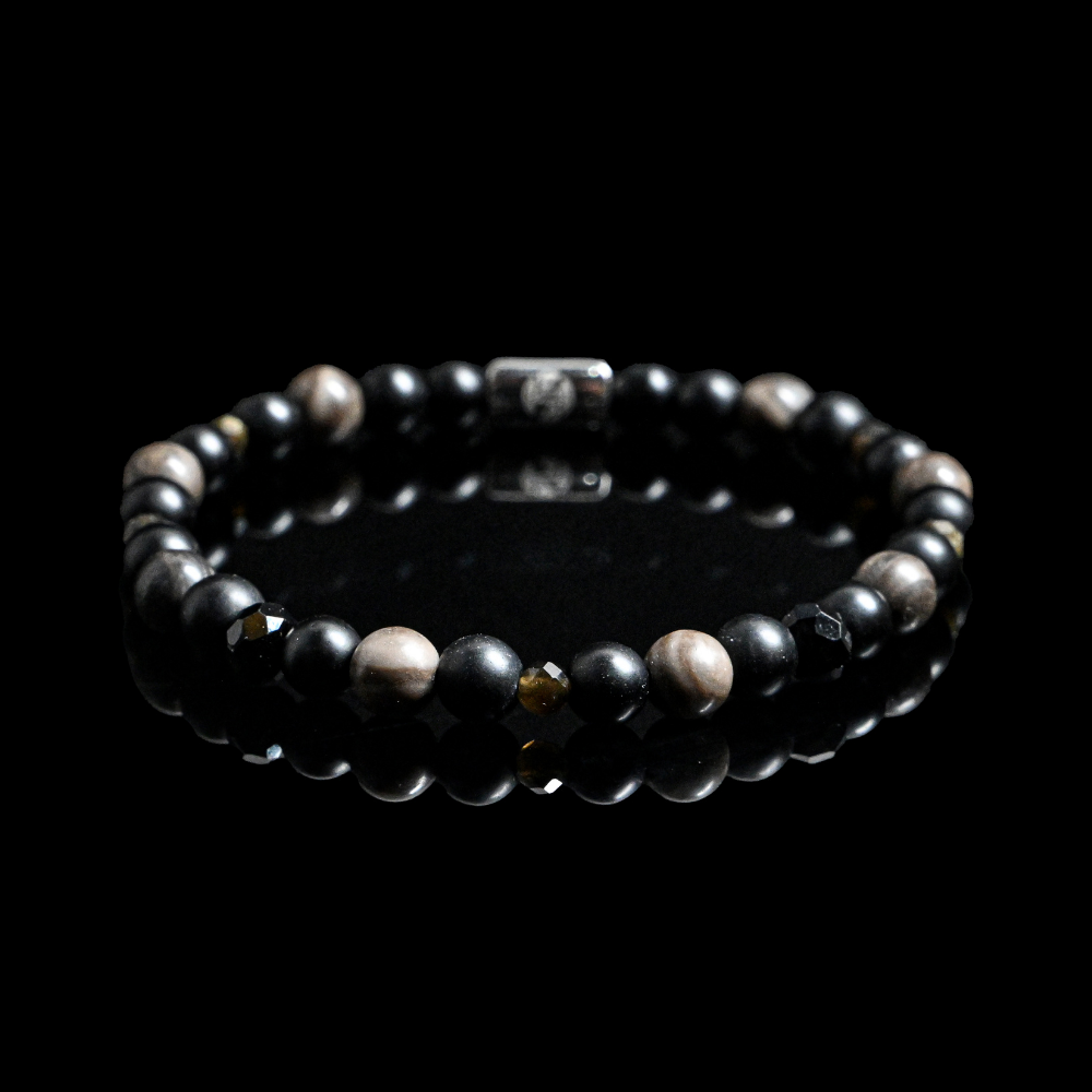TR006 - Top Rated - Dark Grey Agate with Matte black beads & Brown Acrylic beads