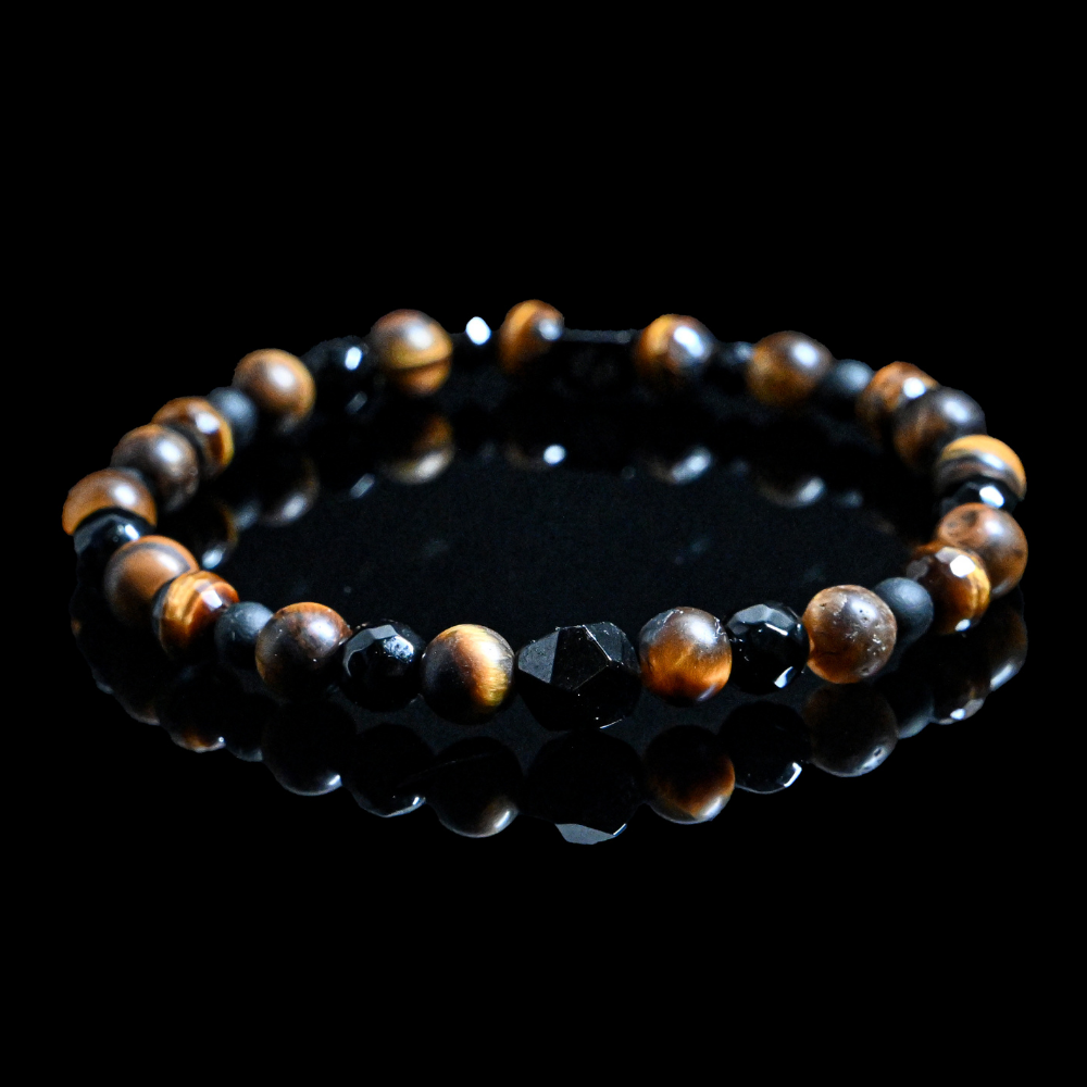 TR010 - Top Rated - Top Rated - Natural Brown Tiger Matte & Shiny with Black agate stones & Chunky Black Tourmaline charm